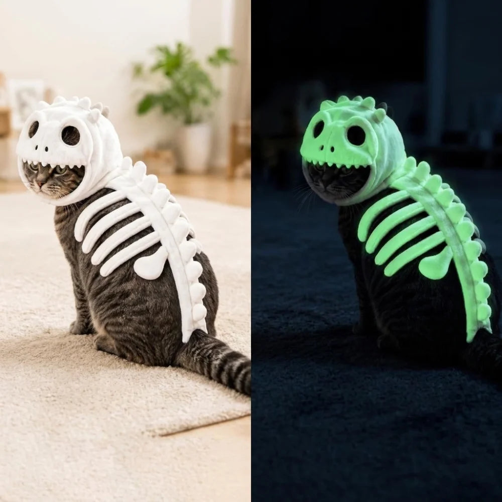 Kostium kota w kształcie szkieletu dinozaura, świecący w ciemności.